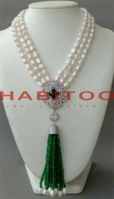 3 Strands White baroque Pearl Necklace CZ pave flower Green Jade Pendant tassel