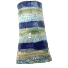 Studio Art Pottery Blue Mini Wall Pocket Glazed Clay Vase Stamped 5”