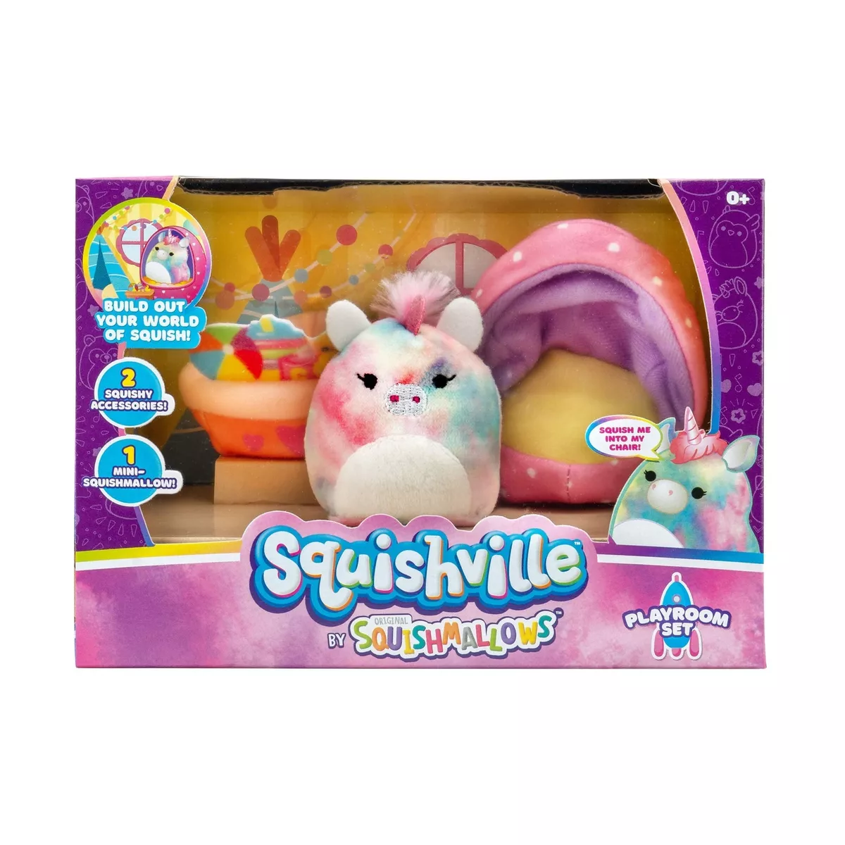 Squishville by Squishmallows Mini Plush Room Accessory Set, Playroom, 2” Esmeralda Mini-Squishmallow and 2 Plush Accessories, Marshmallow-Soft