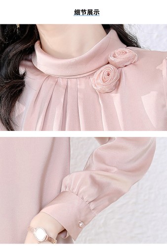 Camicetta camicia da lavoro donna collo alto fiori rosa chiffon formale business top - Foto 11 di 19