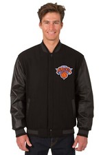 NBA New York Knicks Wool Leather Reversible Jacket Front Patch Logos Black