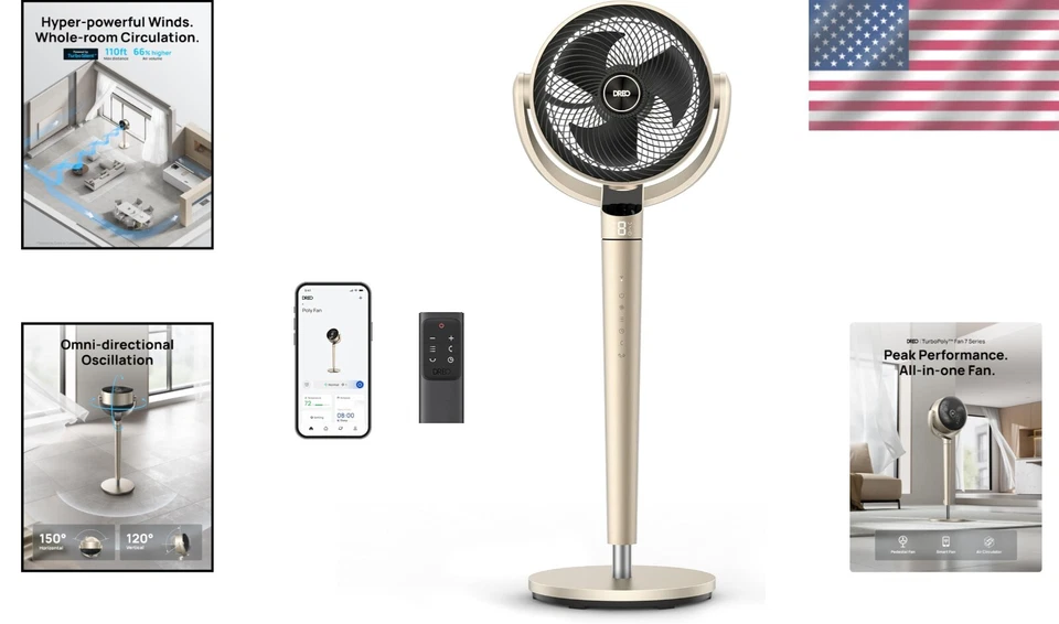 Ventilador oscilante inteligente 43" - Cobertura 110 pies, 25 dB silencioso con diseño metálico dorado Foto 2 de 4