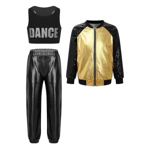 Kids Girls Crop Top With Trousers Shiny Dancewear Hip Hop Tracksuit Jogger Show - Picture 8 of 73