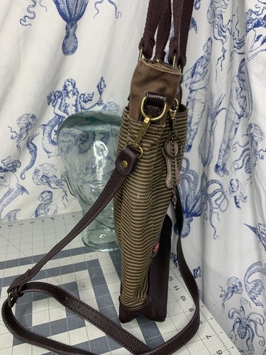 Chala Canvas Work Tote Crossbody Striped Brown Key Fob Dog w/ Bone 12X14” Purse - Picture 4 of 15