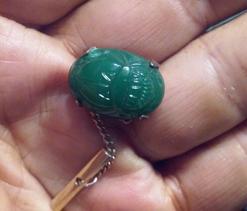 Vintage SCARAB BEETLE Deep Green Color Glass Tie-Tack or Lapel Pin Bell Clasp
