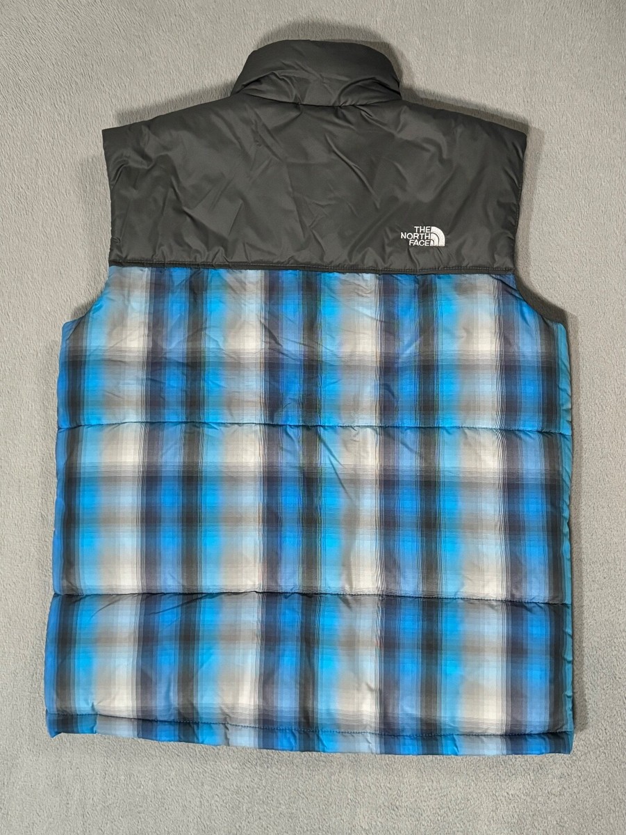 The North Face Puffer Down Vest Blue Plaid Full Zip Pockets