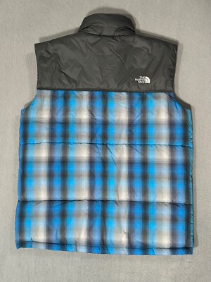 The North Face Puffer Down Vest Blue Plaid Full Zip Pockets