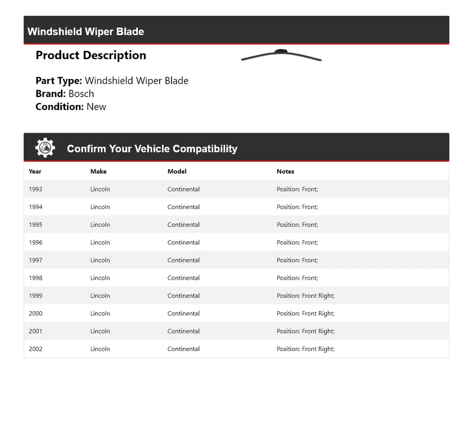 For 1993-2002 Lincoln Continental Bosch ICON Windshield Wiper Blade 1994 1995 - Image 2 of 3