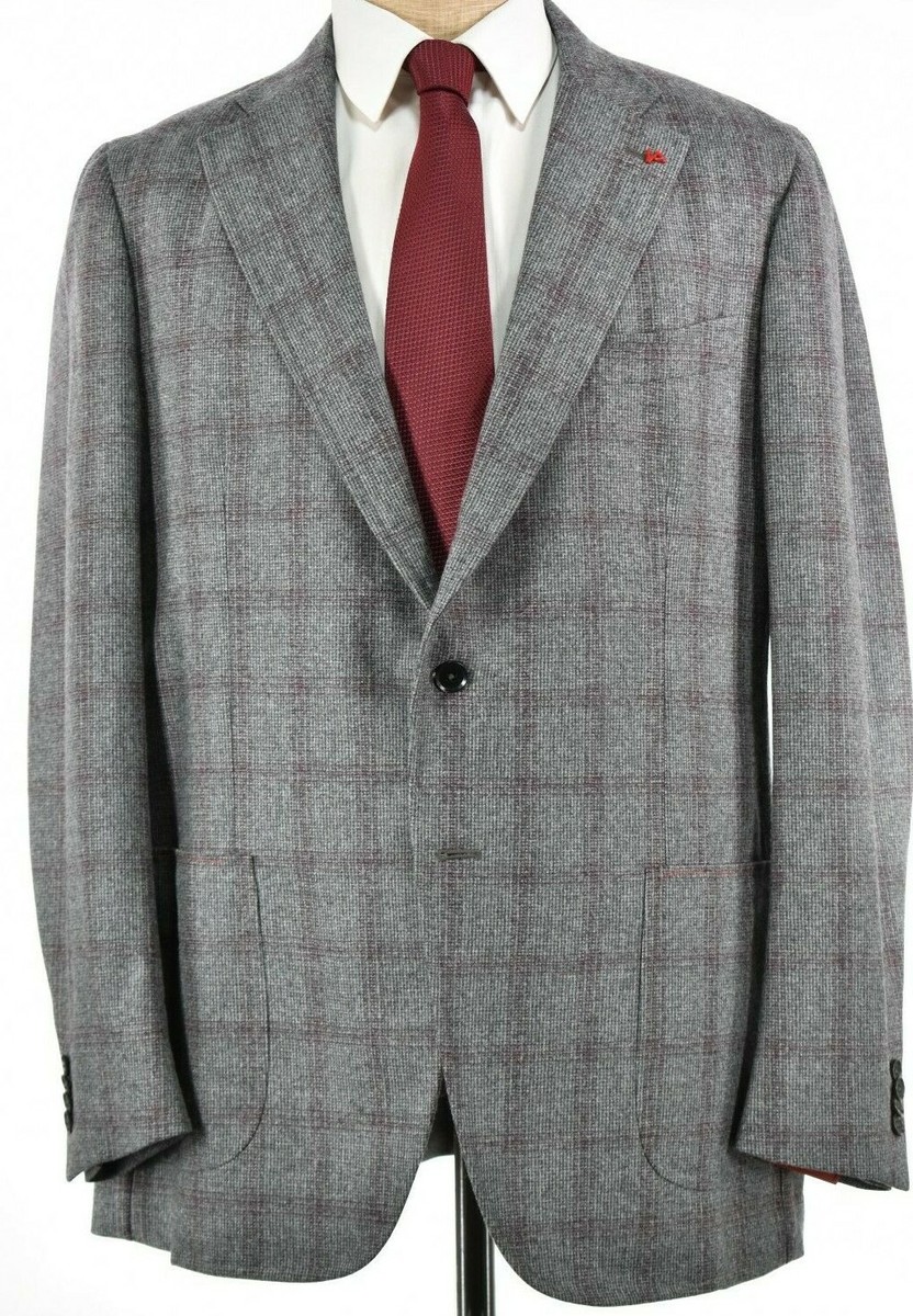 Isaia NWT Suit Sz 56 46R US Light Gray & Burgundy Plaid Overcheck