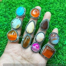 Antique Botswana Agate & Mix Gemstone 925 Sterling Silver Plated 10Pcs Rings Lot