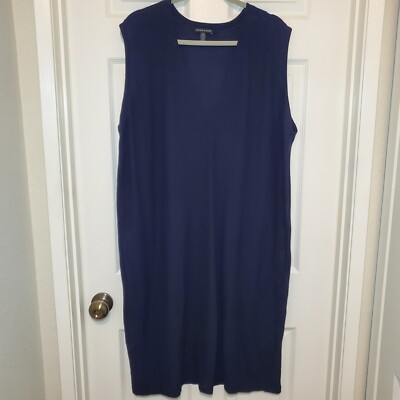 EILEEN FISHER Dress L Washable Stretch Crepe Jumper V-Neck Sleeveless Navy Blue