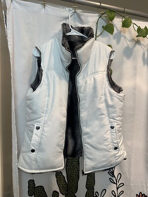 KC Collections Women s Large White Reversible Vest Quilted Faux Fur Full Zip