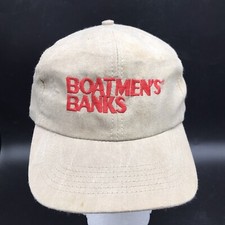 Vtg Boatmens Bank Cap Trucker Hat Tan w Leather Strapback Embroidered USA Made