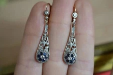 Art Deco Style Lab Created Diamond & Sapphire Drop/Dangle White Gold FN Earrings