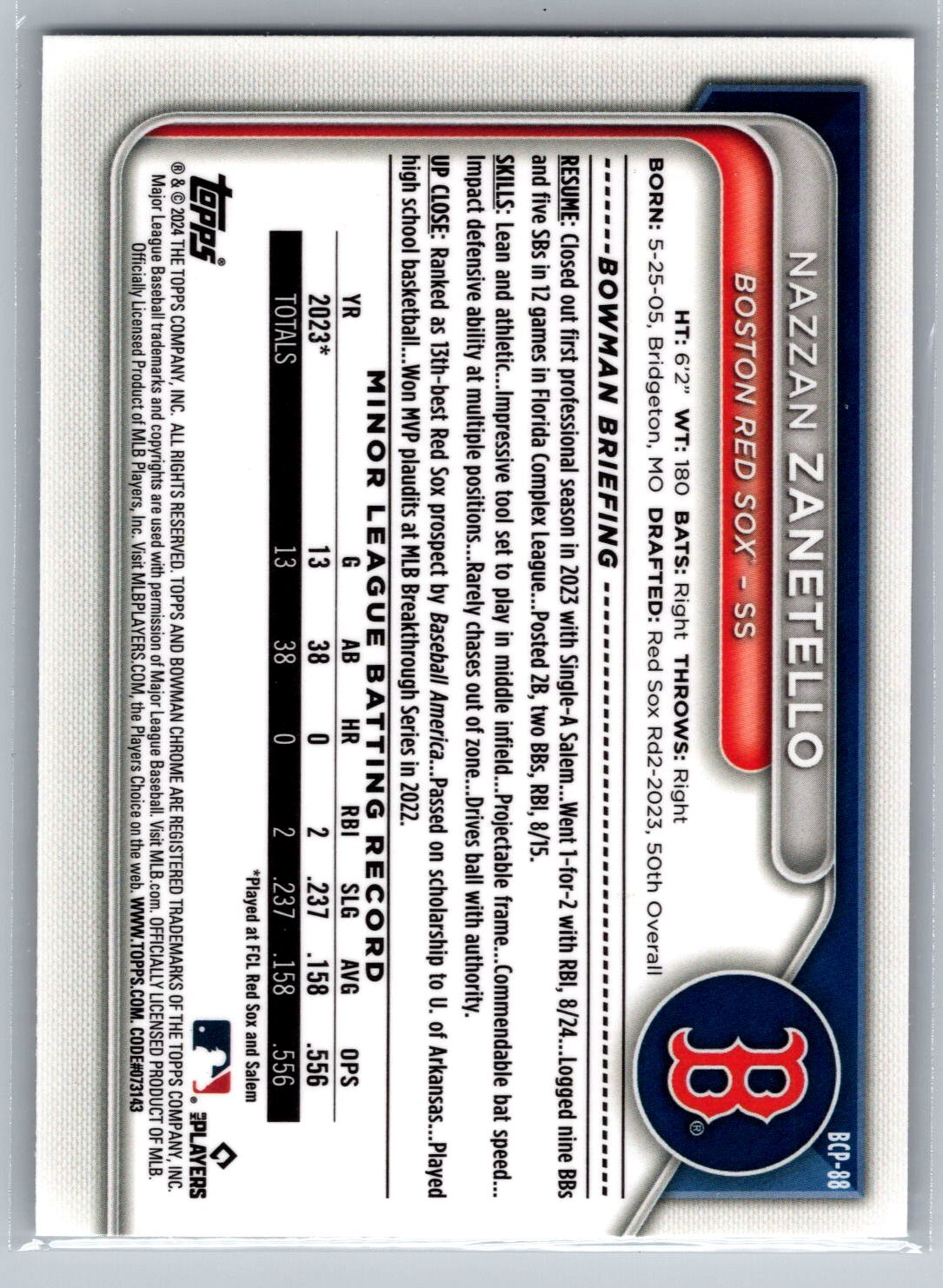 2024 Bowman Chrome #BCP-88 Nazzan Zanetello Lava Refractor 295/399