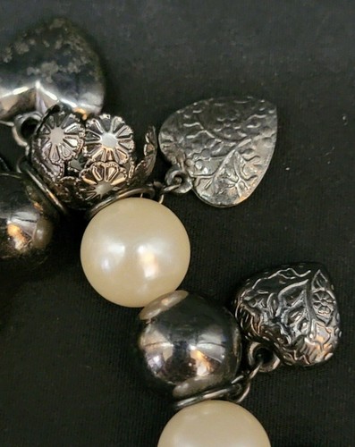 Infinity Bracelet Hearts Globes Angels w/Faux Pearls In Brushed Gray Tones - Picture 6 of 9
