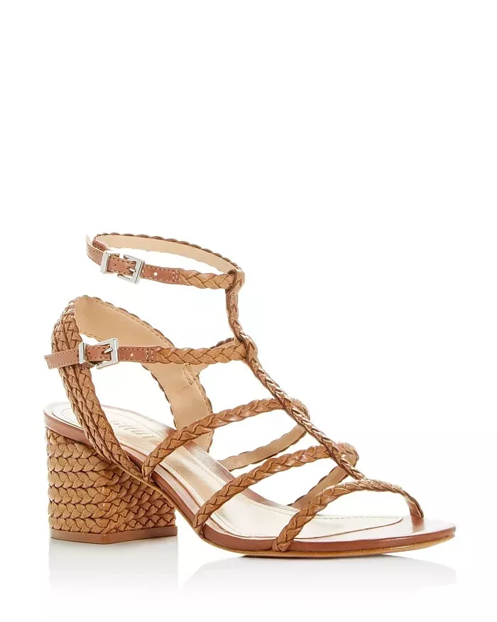 SCHUTZ Rosalia Strappy Block Heel Sandal Beige Brown Open Toe Cage