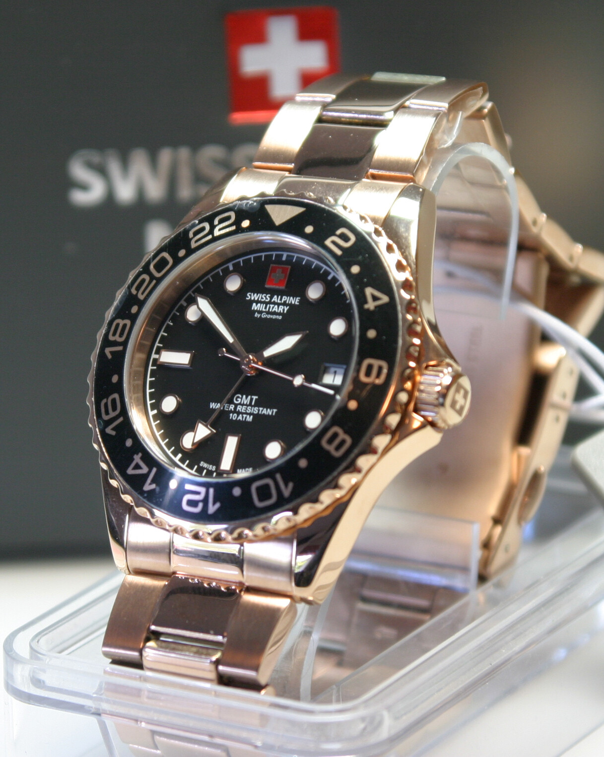 Swiss Alpine Military GMT 10ATM czarny / czarny Szwajcarski Made nienoszony Popularne nowe