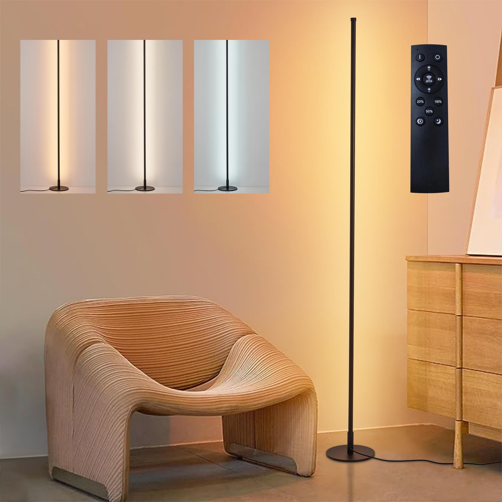Black Modern 56 Inch LED Floor Lamp with Remote Dimmable Corner Standing Light