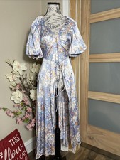ASTR The Label Womens Small Floral Puff Sleeve Slit Maxi Deep V Cottagecore