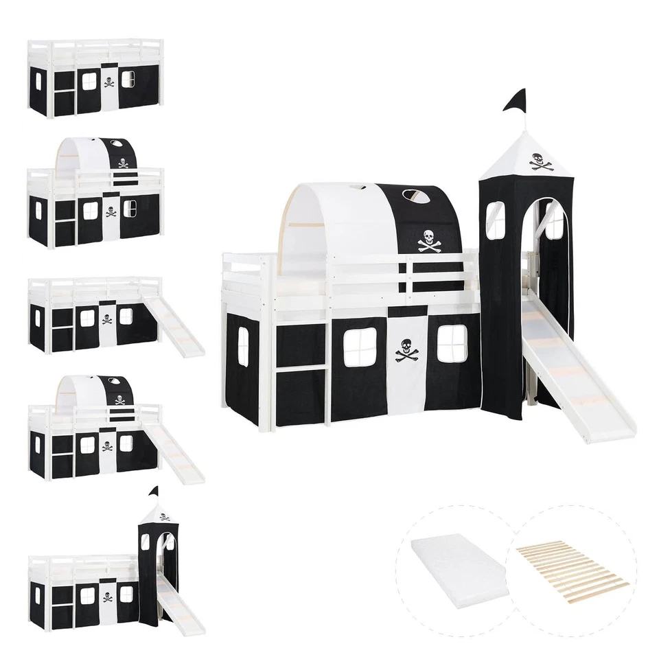 Hochbett 90x200 Kinderbett Rutsche Matratze Stockbett Pirat Vorhang Homestyle4u - Bild 1 von 4