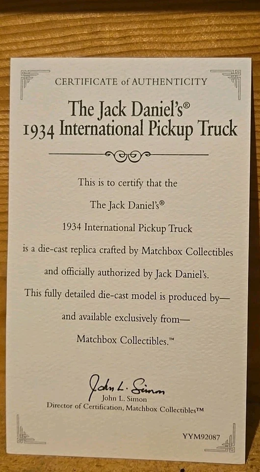  Jack Daniels 1934 International Pickup Truck Die-cast Matchbox YYM92087 COA  - Image 2 of 4
