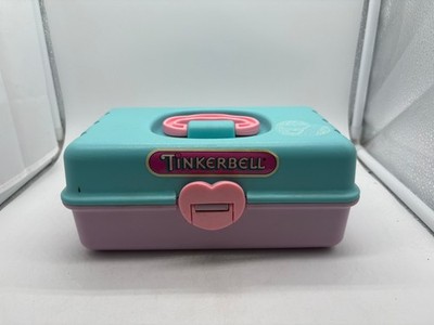 Vintage Tinkerbell Makeup Box Teal Pink Heart Latch Mirror Multi-Tray Case