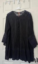 Johnny Was Embroidered Floral Eyelet Tunic Top Black Buttons Boho Sz L