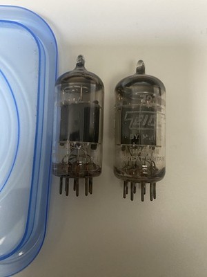A Pair of Strong EICO/ MULLARD Short Gray Plate O Getter 7247 / 12DW7 Tubes