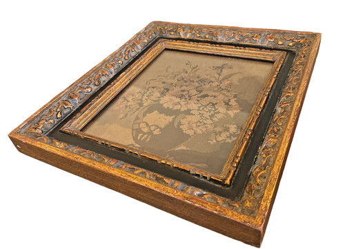 Antique Floral Tapestry Needlework Panel Ornate Gilt & Black Frame