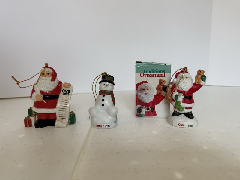 Vintage Lot of 3 CVS Traditions 1990s Christmas Ornaments Santa / Snowman