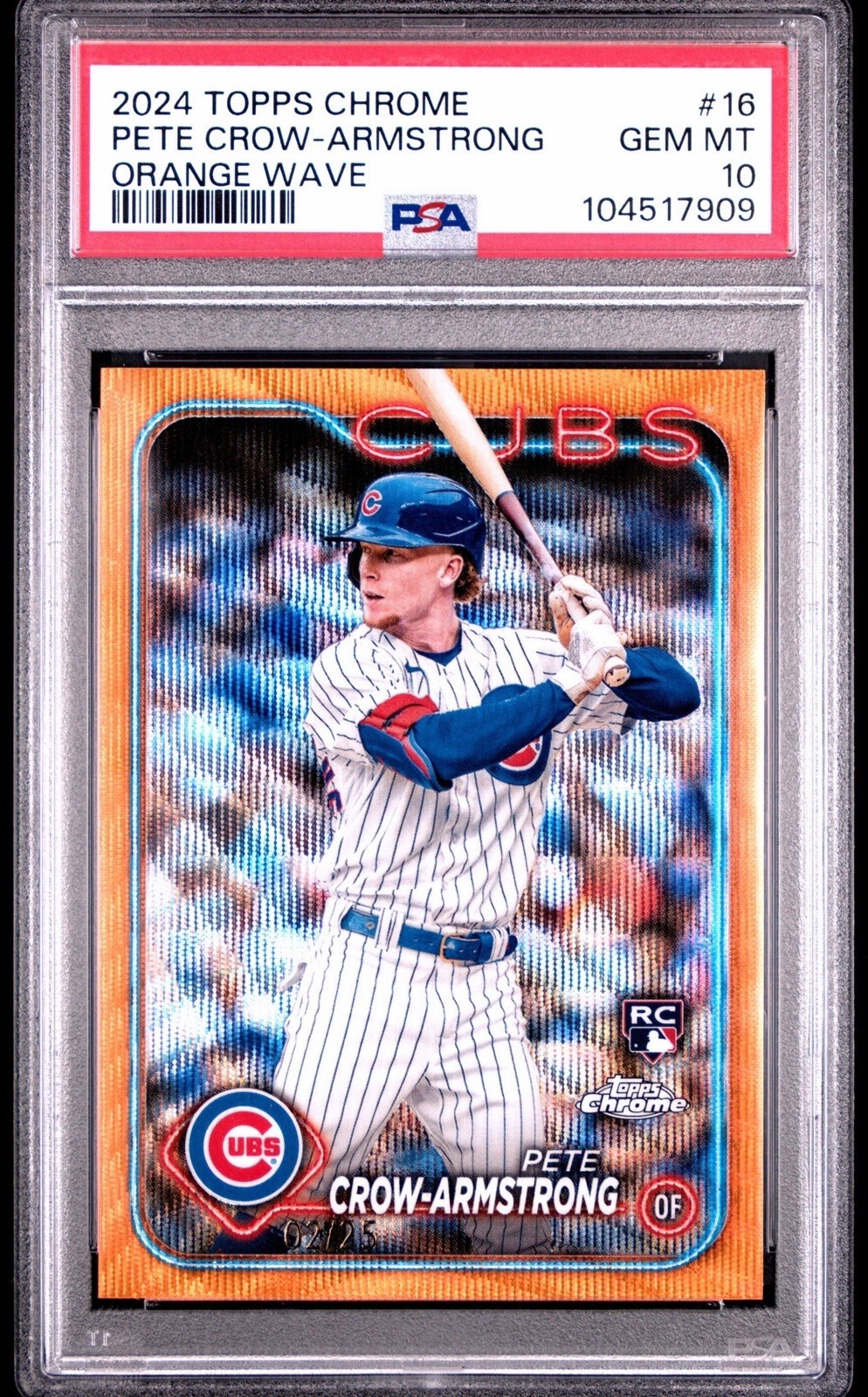 Topps 2024 Chrome Pete Crow-Armstrong #16 Orange Wave Refractor /25 PSA 10 Cubs