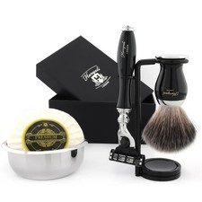 5PC Grooming Kit with Black Hair Shaving Brush, 3 Edge Razor, Stand, Bowl Soap