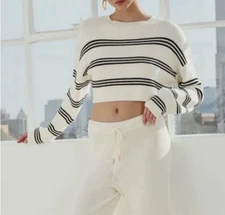 SER.O.YA Ivory & Black Striped Ribbed-Knit Cropped Pullover Sweater M Crew Neck