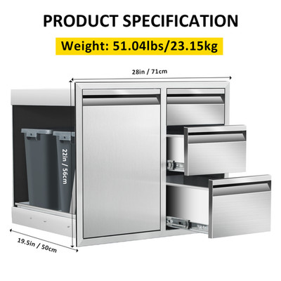 Outdoor Kitchen Drawer Combo Cabinet Steel Built-in Triple Drawers&Trash Storage