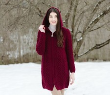 SAOL 100% Merino Wool Irish Cardigan Women's Aran Long Cable Knit Cardigan