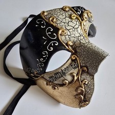 Venetian Men Masquerade Ball Phantom Party Eye Mask w/ Black GOLD Musical Motifs