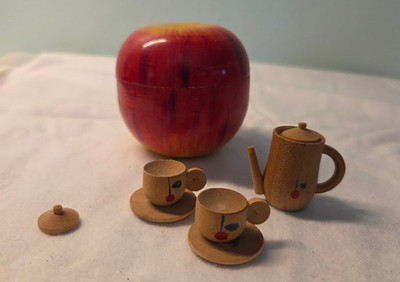 Vintage Japan Wooden Apple Miniature Tea Set-Hand Painted Cherry Design