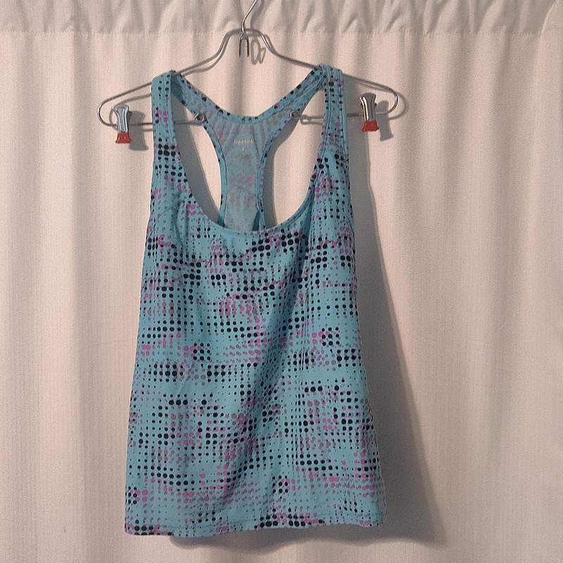 Reebok Women's L Blue Pink Black Polka Dot Racerback Scoop Neck Stretch Tank
