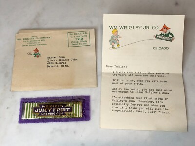 1938 Wrigley Juicy Fruit Crewing Gum Letter & Sample for 2 Year Old Toddler
