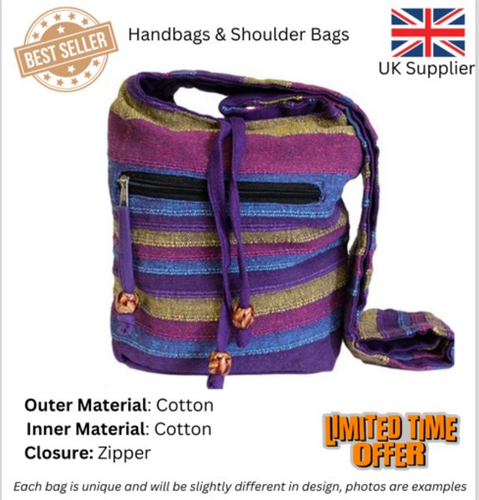 Women Casual Sling Shoulder Bag 24cm Purple Wildflower Cotton Pocket - Picture 3 of 13