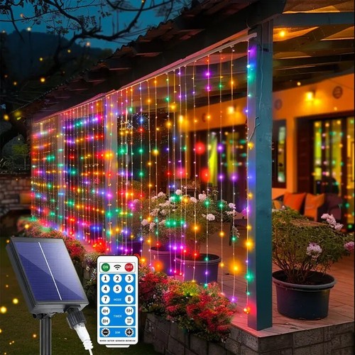 Outdoor Solar Curtain Fairy String Lights Hanging Gazebo Patio Window Garden - Picture 2 of 15