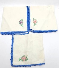 3 Vintage Hankie Napkin Embroidered Flowers Blue Trim Edges
