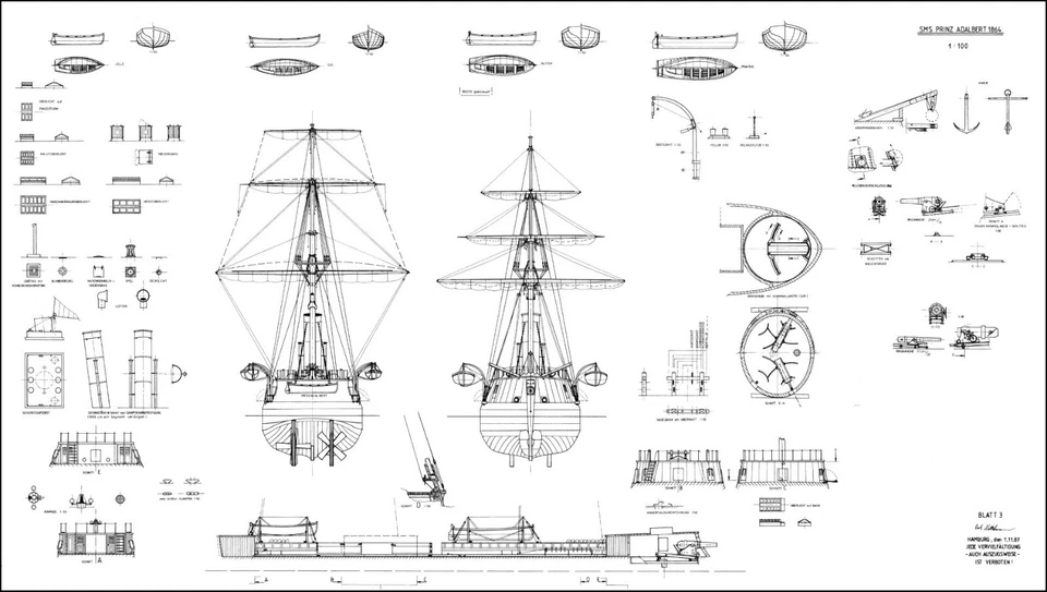 SMS PRINZ ADALBERT (1864), Schlachtschiff. Modellbauplan M 1:100 - Bild 4 von 4
