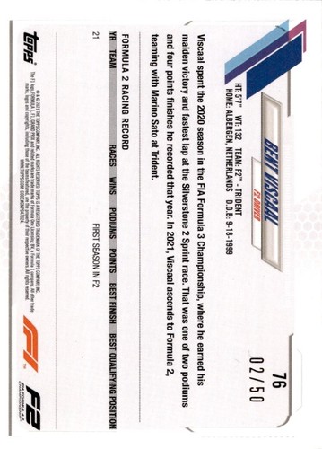 2021 Topps Formula 1 Racing F2 Driver Gold Bent Viscaal #76 /50 - Picture 2 of 2