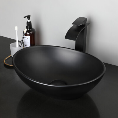 Black Bathroom Oval Ceramic Vessel Sink Basin Bowl Mixer Tap Drain Deck Mounted