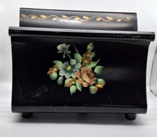 Vtg Black Magazine Rack Metal Retro Toleware Hand Painted Flowers 15" x 13" x 9"