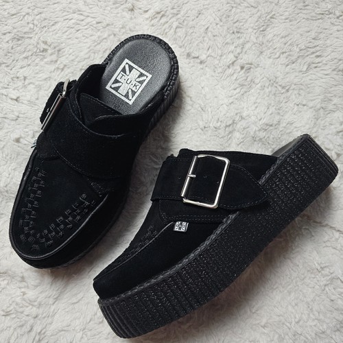 T.U.K. Black Suede Creeper Mule Platform Buckle Size 7