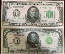Reproduction Copy 1928 $1000 $500 Bills Federal Reserve Notes Read Description!!