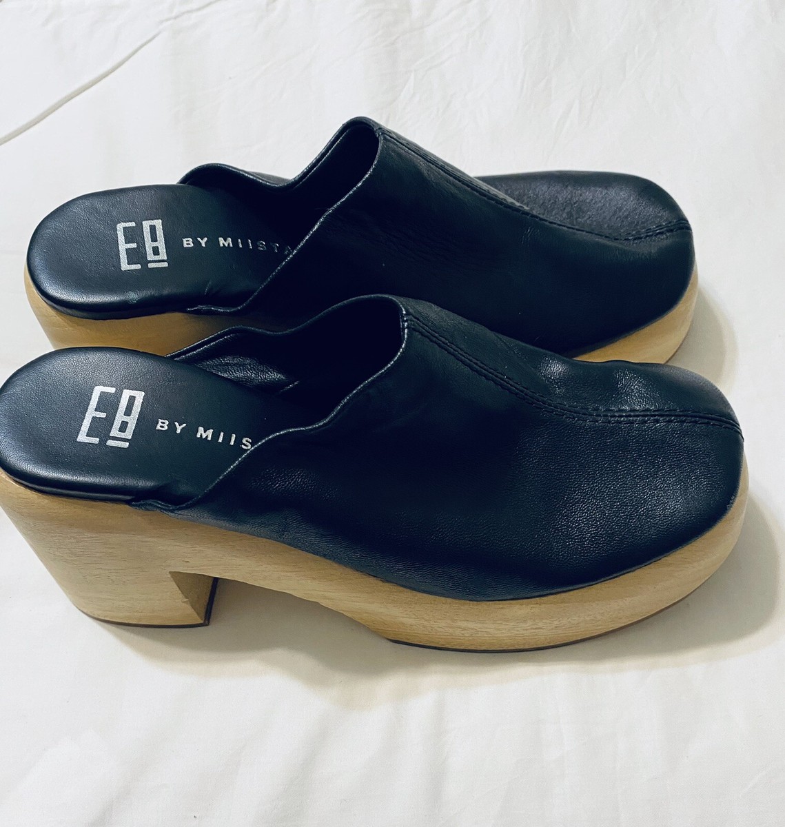 E8 By Miista Black Soft Leather Mule Wooden Heel & Platform